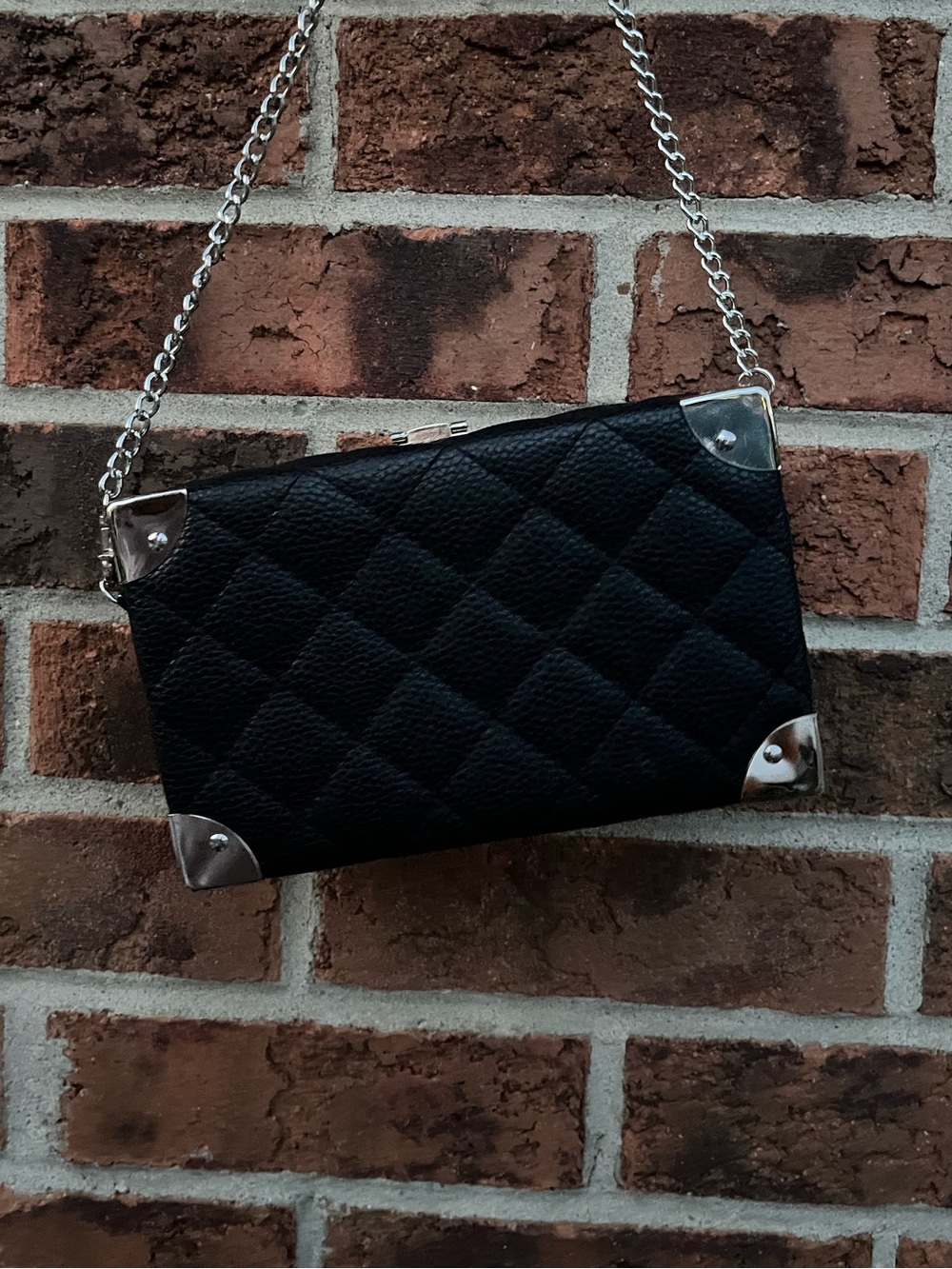 Black Quilted Trunk Clutch Crossbody Bag Silver Hardware Hard Case